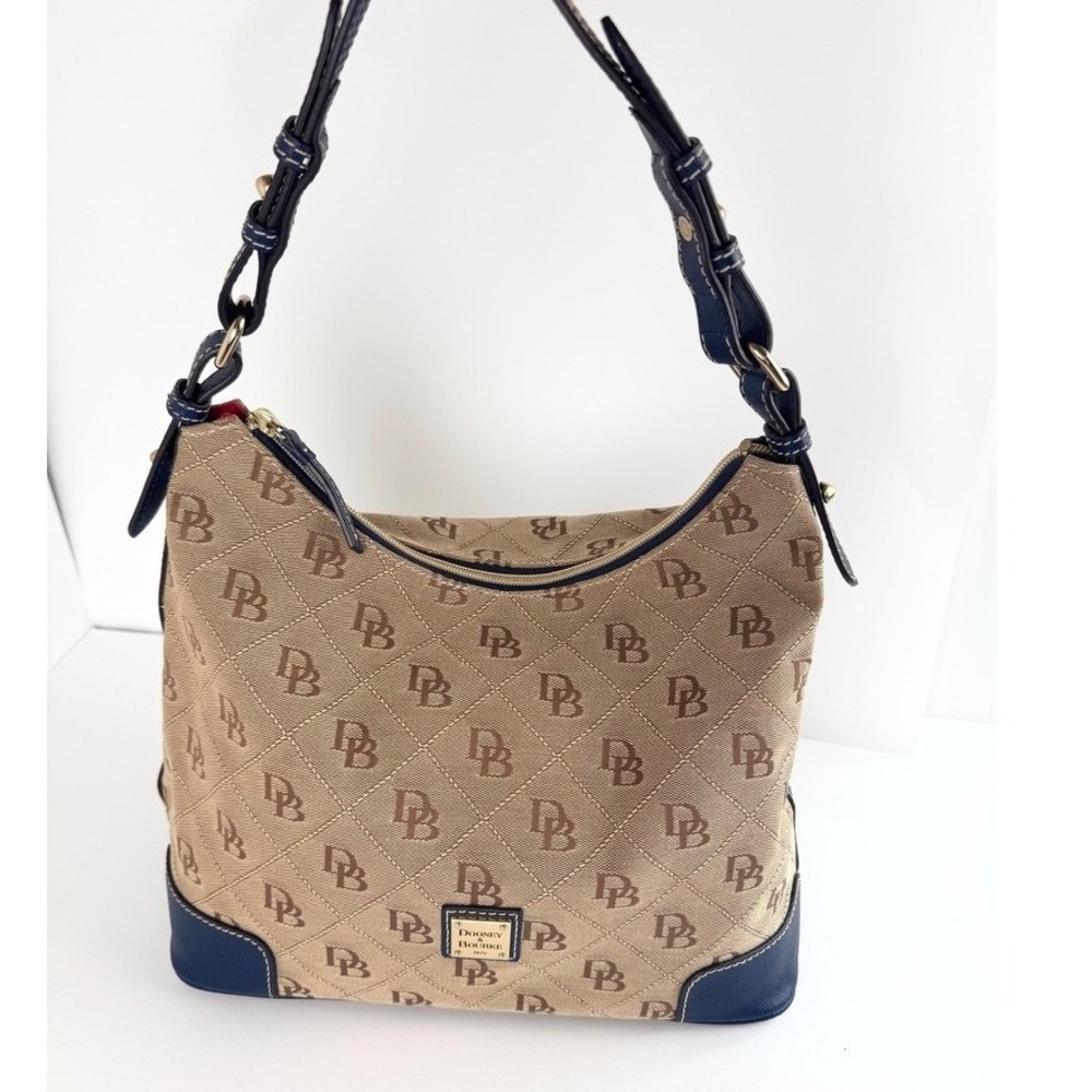 Dooney & Bourke DB monogram canvas shoulder bag beige blue leather